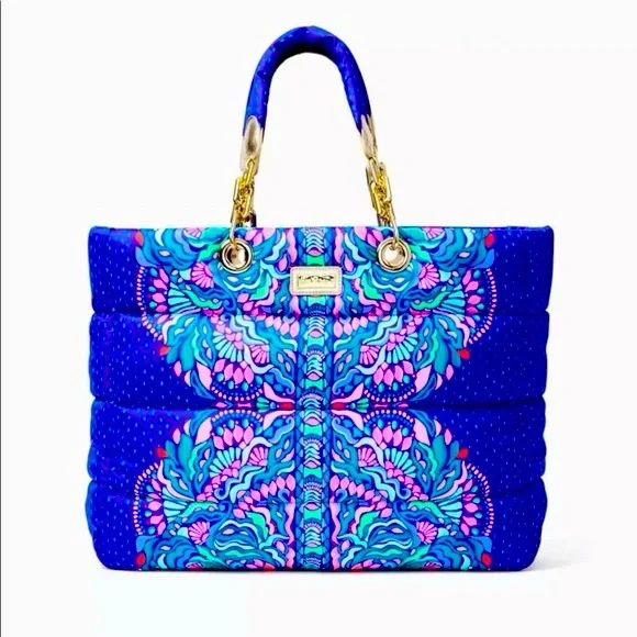 Lilly Pulitzer Baytown Puffer Tote Cabochon Purple Bonita Babe Engineered - Picture 1 of 5